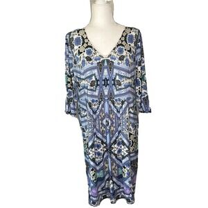 j.jill Dress Medium Jersey Knit Blue Floral Patchwork Pattern 3/4 Sleeve Career